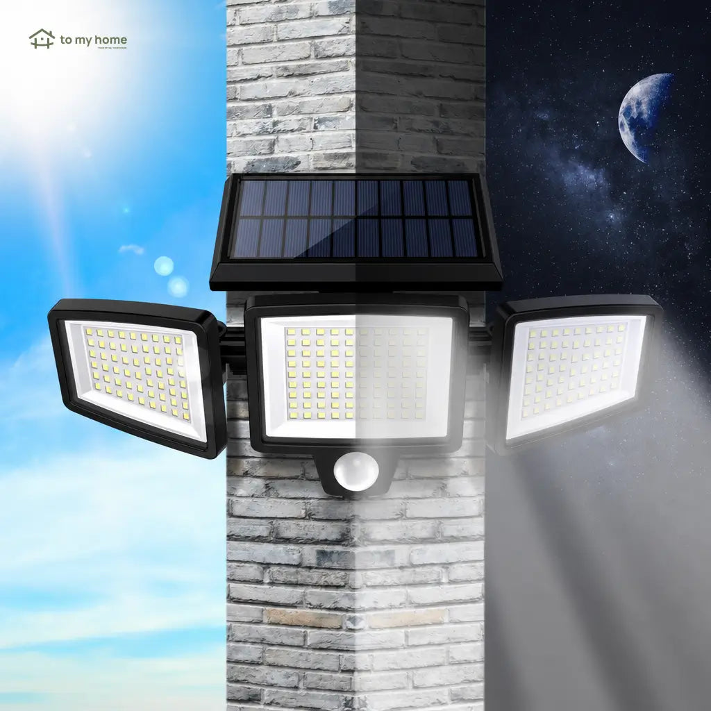 3-head solar motion sensor light, IP65 waterproof 210 LED outdoor security floodlight with remote control for driveway, garden, garage and porch Tomyhome Global