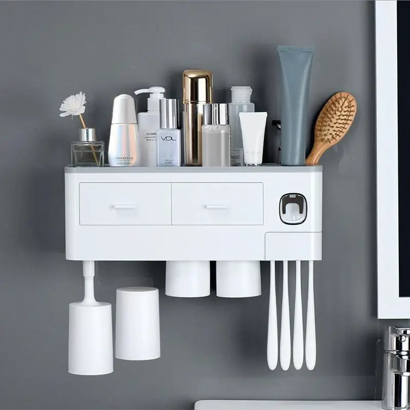 Portaspazzolino da Parete con Dispenser Automatico di Dentifricio, Vassoio Contenitore Grande e Tazze per Organizzazione Bagno, Set Accessori Bagno Multifunzionale Salvaspazio