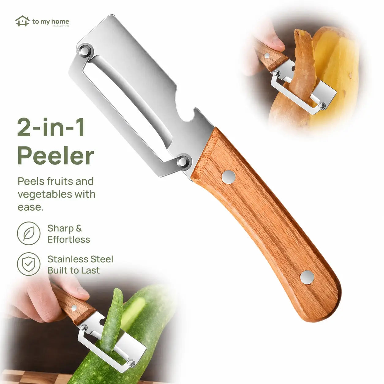 Two-Piece Vegetable and Fruit Peeler Set with Ultra-Sharp Stainless Steel Blade, Wooden Handle, and Built-In Bottle Opener for Everyday Kitchen Prep Tomyhome Global