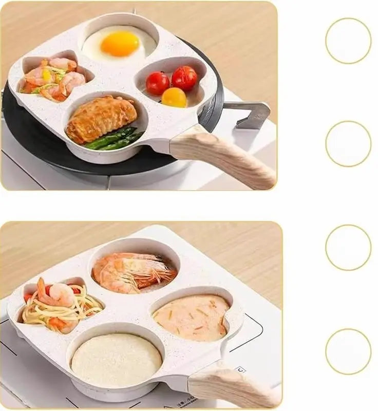 4-Hole Heart-Shaped Pancake Pan Non-Stick Granite Skillet Wood Handle for Egg Omelet Easy-Clean Kitchen Breakfast Cooking Gadget Gift Idea Tool Home