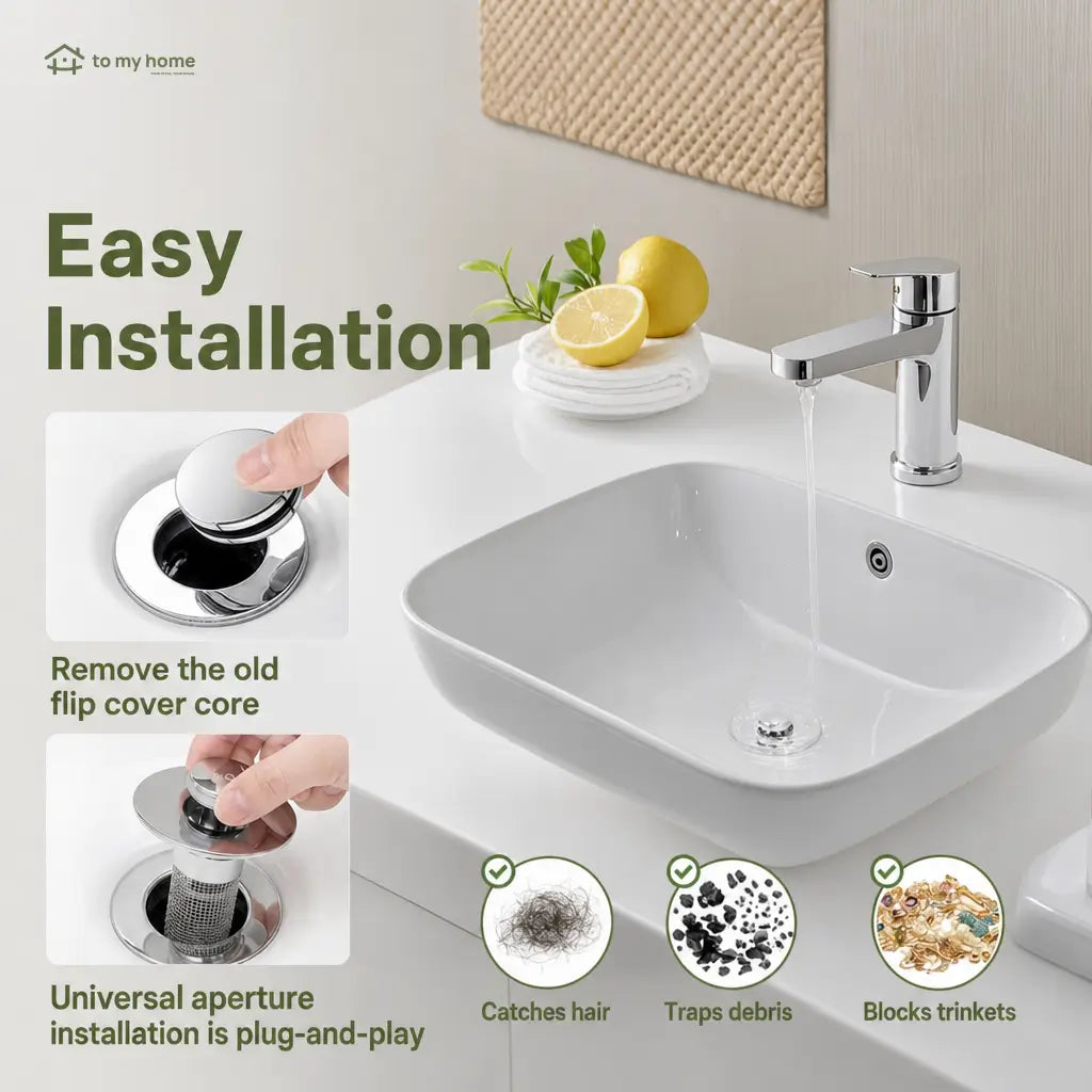 Universal pop-up sink stopper with removable stainless steel hair catcher basket for standard bathroom drains, 2-in-1 anti-clog strainer and plug Tomyhome Global