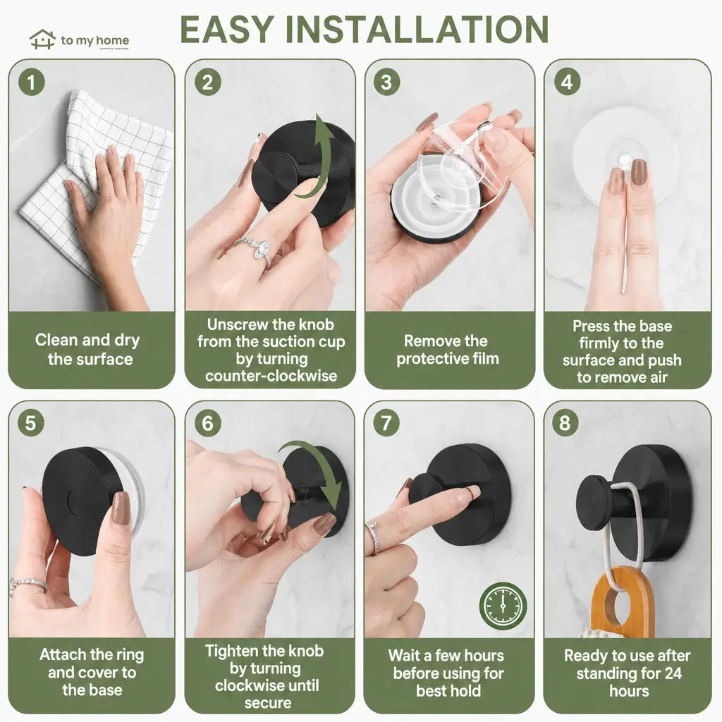 Matte Black Suction Cup Hooks, 2-Pack No-Drill Reusable Wall Hangers for Shower, Bathroom, Kitchen, Towels, Robes and Loofahs Tomyhome Global