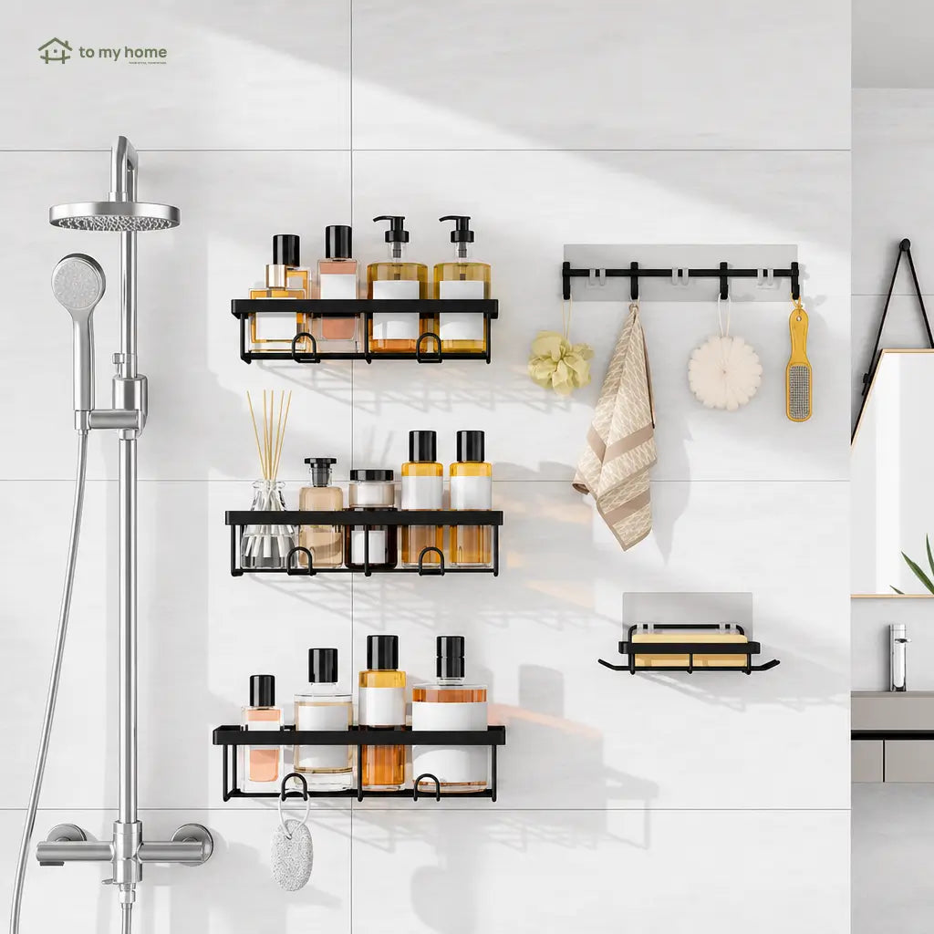 Black No-Drill Shower Caddy 5-Pack with Rust-Resistant Metal Shelves and Removable Hooks for Bathroom Wall Storage and Inside Shower Organization Tomyhome Global
