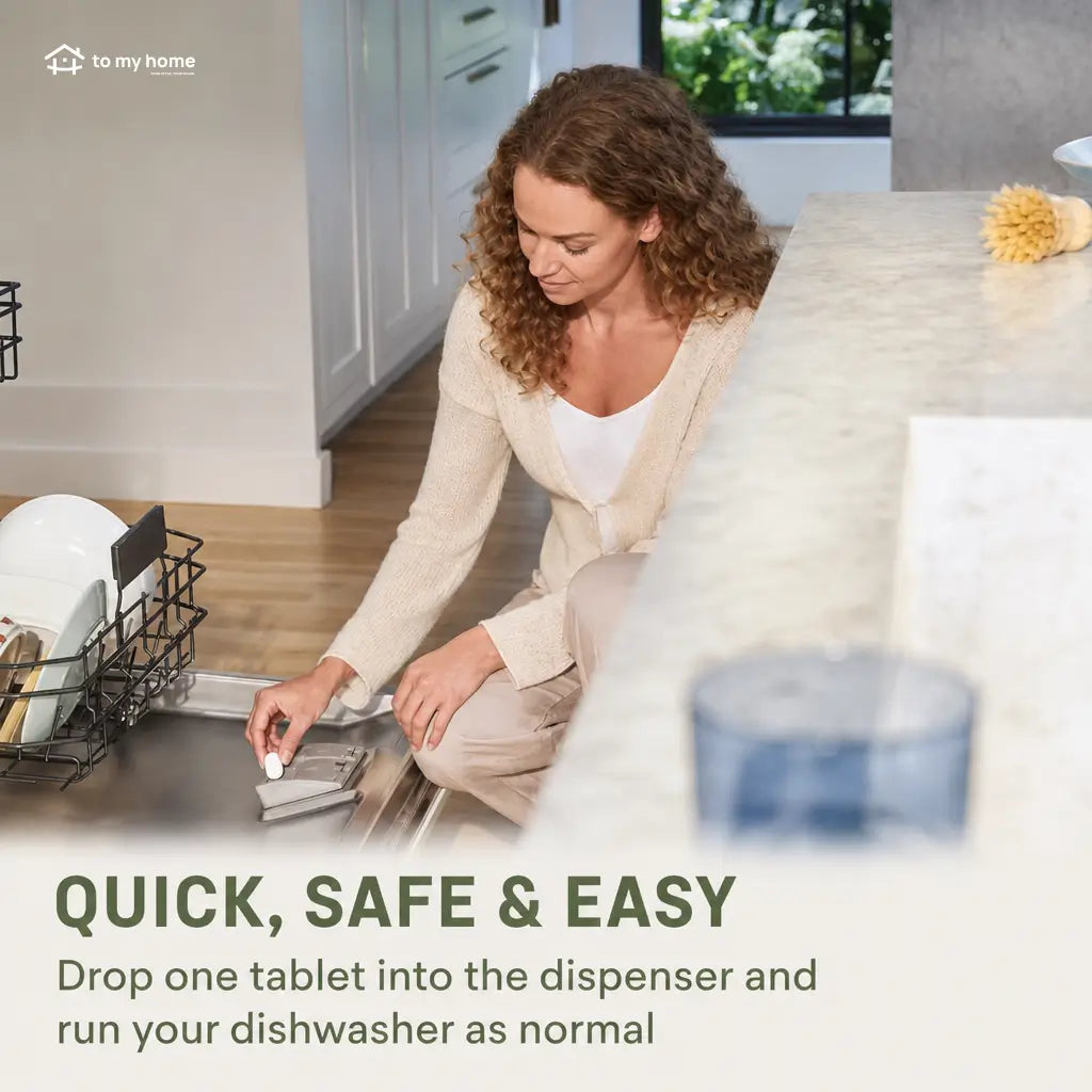 Mineral and plant-based dishwasher tablets, fragrance-free and plastic-free, for compact dishwashing with clean ingredients and effective stain removal in eco-conscious homes Tomyhome Global
