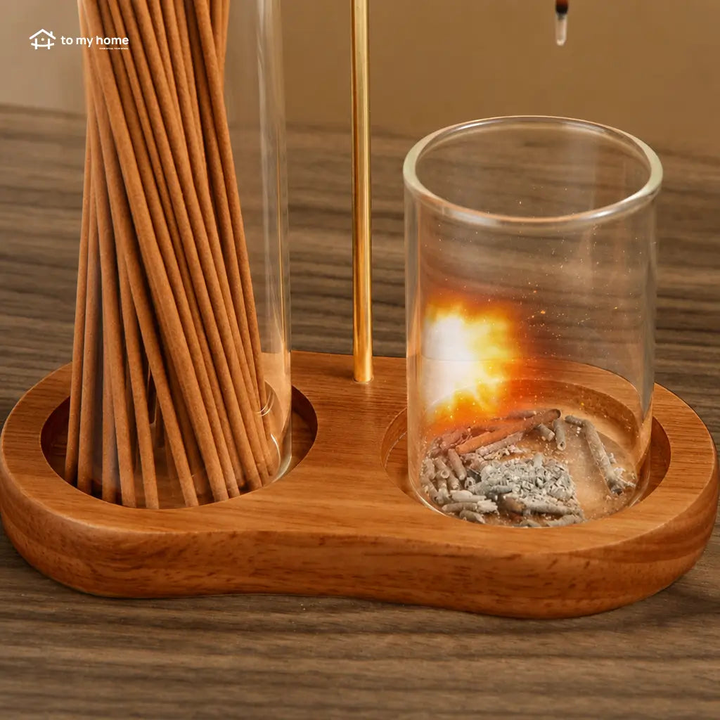 2-in-1 wooden incense and candle holder with removable glass ash catcher for meditation, yoga, bedroom and minimalist home decor Tomyhome Global