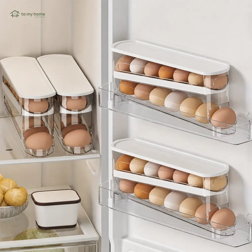 Clear rolling egg storage box with stackable plastic design for space-saving refrigerator and kitchen organization, keeping eggs visible and tidy Tomyhome Global