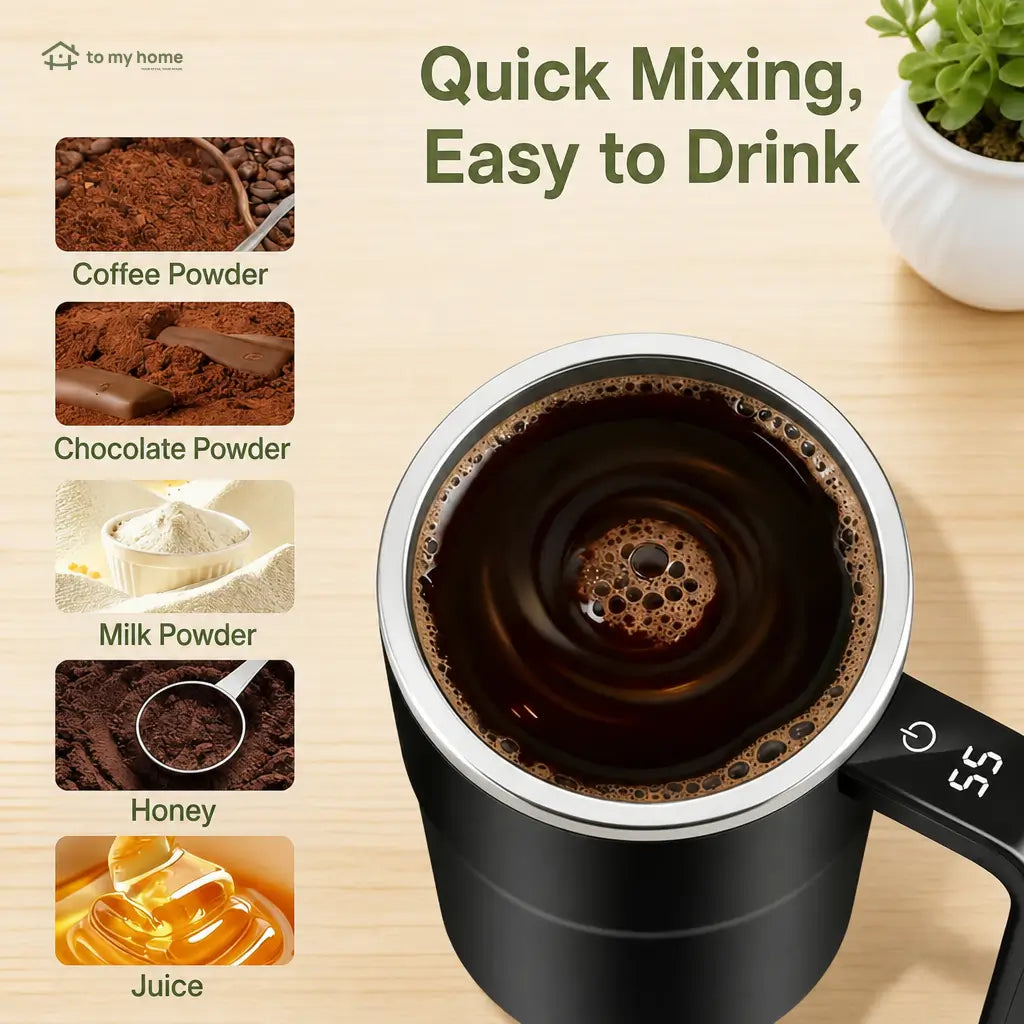 Rechargeable magnetic stirring mug with detachable mixer and LCD thermometer for smooth coffee, cocoa, protein shakes, and everyday office or travel drinks Tomyhome Global