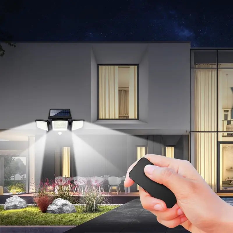 Solar Outdoor Security Lights 2500LM 210 LED IP65 Waterproof 3 Head Dimmable Spotlights for Yard Garage Porch Pool Garden Barn Patio Area