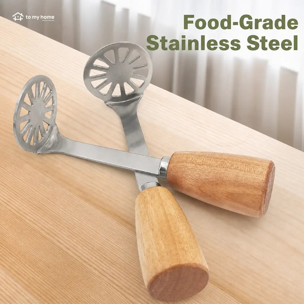 2-piece mini stainless steel masher set with non-slip wood handles for potatoes, avocados, beans and easy homemade purees in small kitchens Tomyhome Global