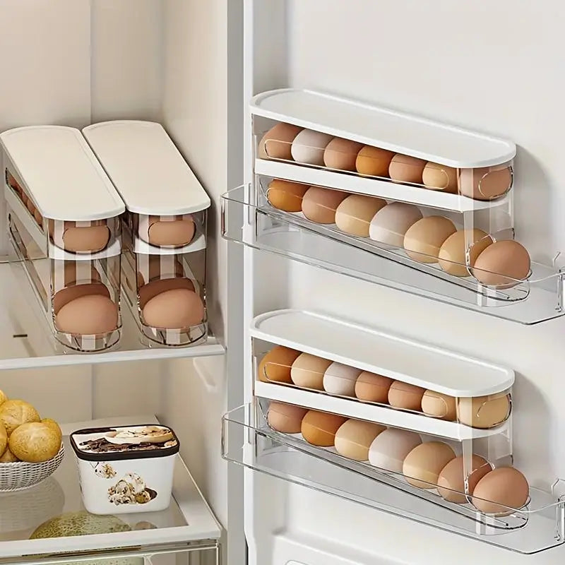 Rolling Egg Storage Box Clear Plastic Space-Saving Refrigerator Organizer Gravity Feed Automatic Dispenser Durable Container for Kitchen Countertop Fridge Pantry Storage