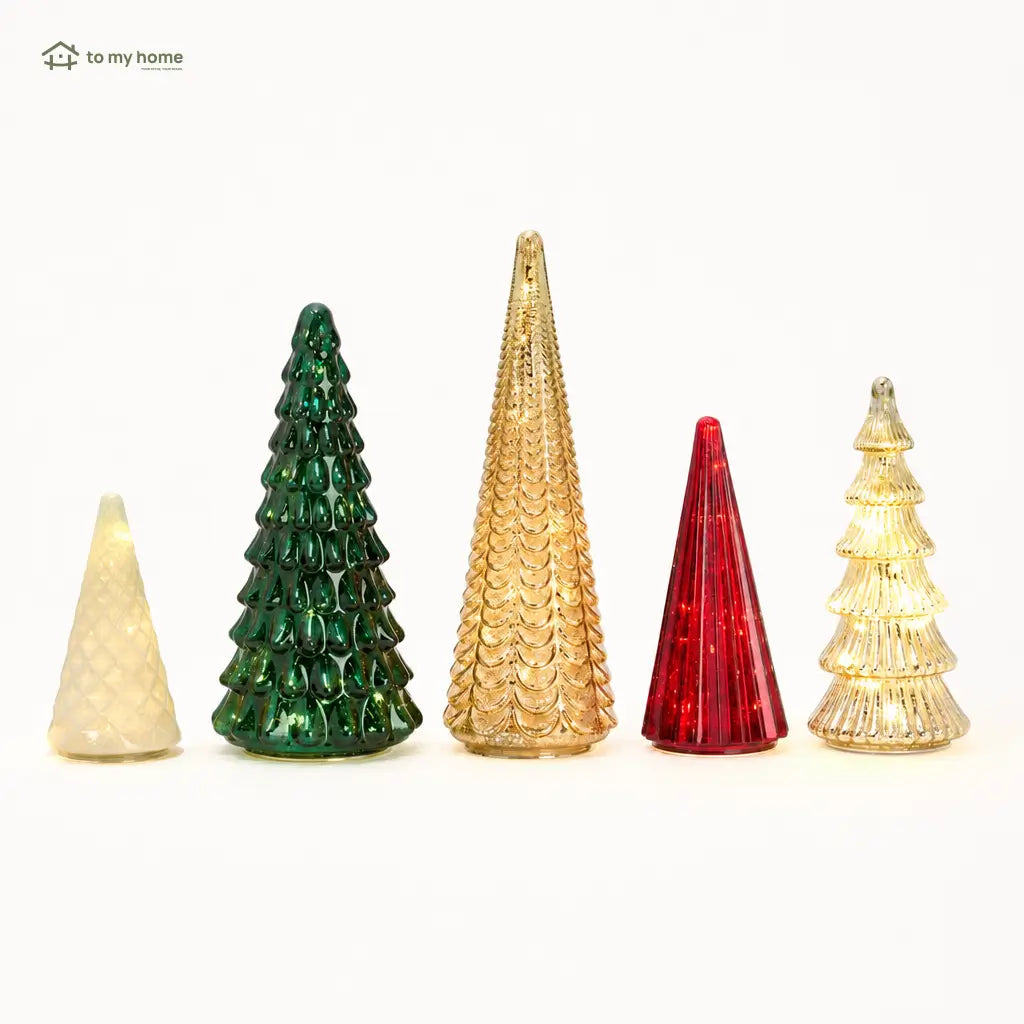 Set of 5 illuminated mercury glass Christmas trees with six-hour timer for mantel, side table, and festive holiday centerpiece decor displays Tomyhome Global