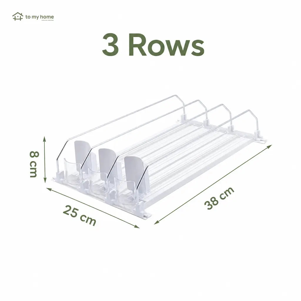 Refrigerator beverage organizer with spring-loaded can feed, durable recycled plastic storage for soda cans, coolers, shelves and pantry Tomyhome Global