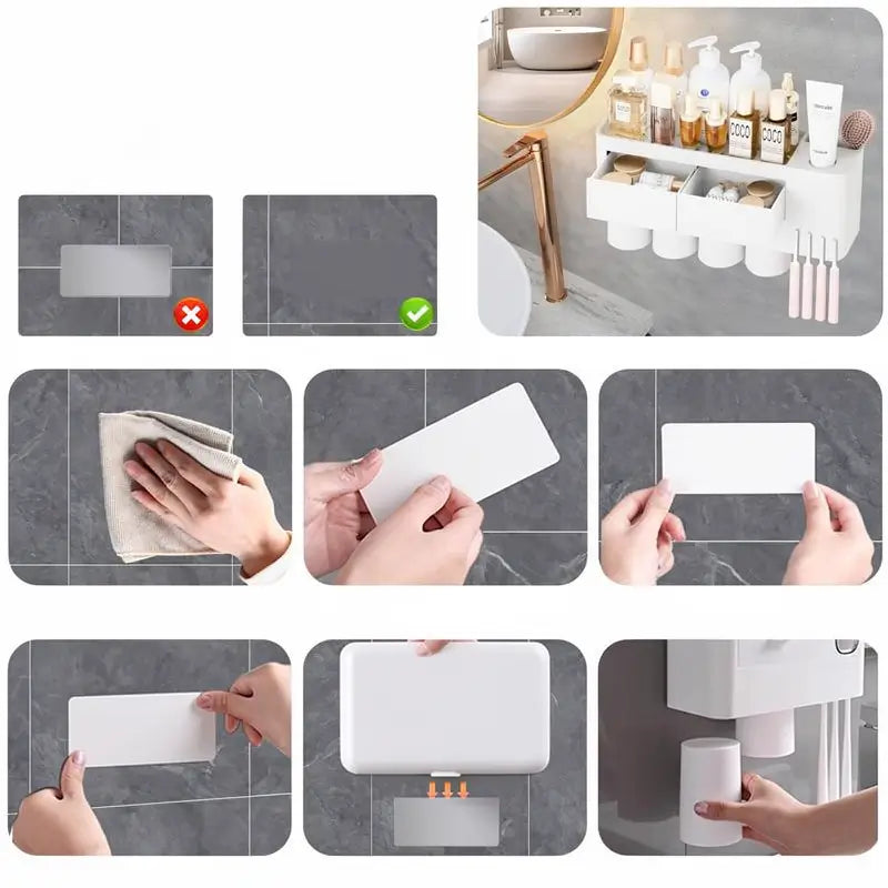 Portaspazzolino da Parete con Dispenser Automatico di Dentifricio, Vassoio Contenitore Grande e Tazze per Organizzazione Bagno, Set Accessori Bagno Multifunzionale Salvaspazio