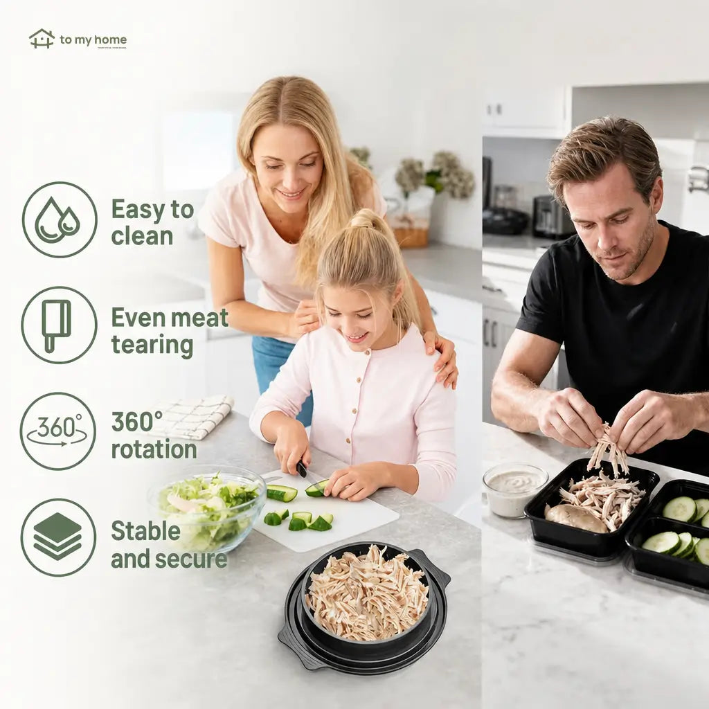 Large chicken shredder tool with clear lid and anti-slip base for cooked meat, tacos, salads, and easy weekly family meal prep Tomyhome Global