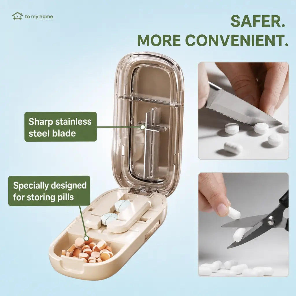 Compact adjustable pill cutter with safety guard and stainless steel blade for precise tablet splitting at home, caregiving, or everyday travel use Tomyhome Global