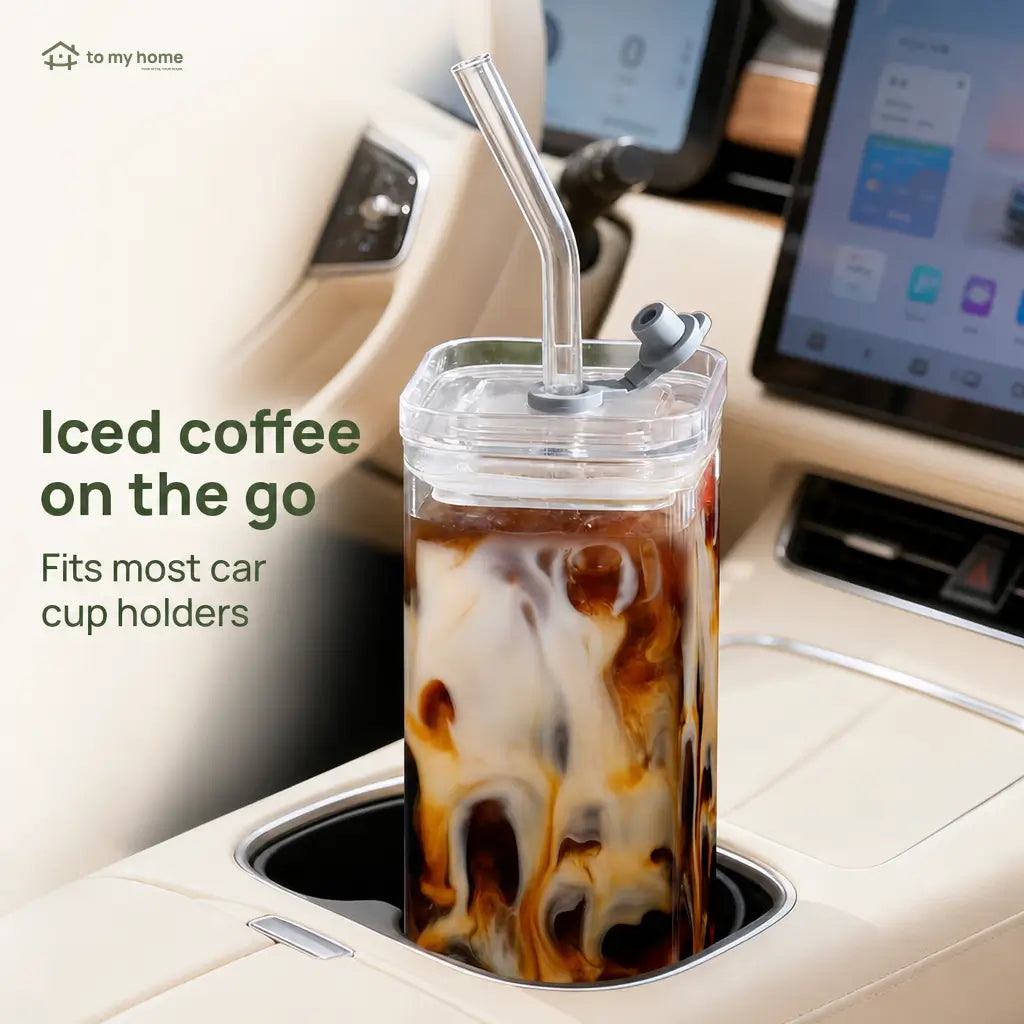 Square 13 oz glass tumbler set with lids and glass straws for iced coffee, cocktails, juice, and everyday drinks at home Tomyhome Global