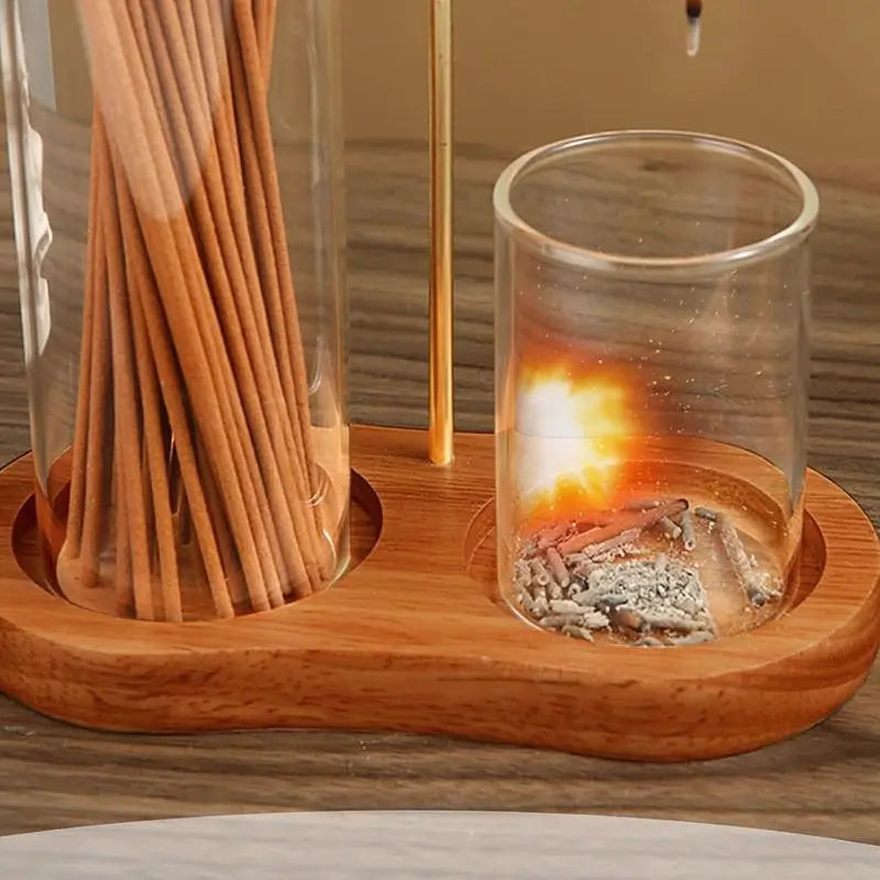 2-in-1 Incense Candle Holder with Wooden Base Glass Ash Catcher, Aromatherapy Diffuser for Bedroom, Scented Home Fragrance Decor Unique Ornament Gift