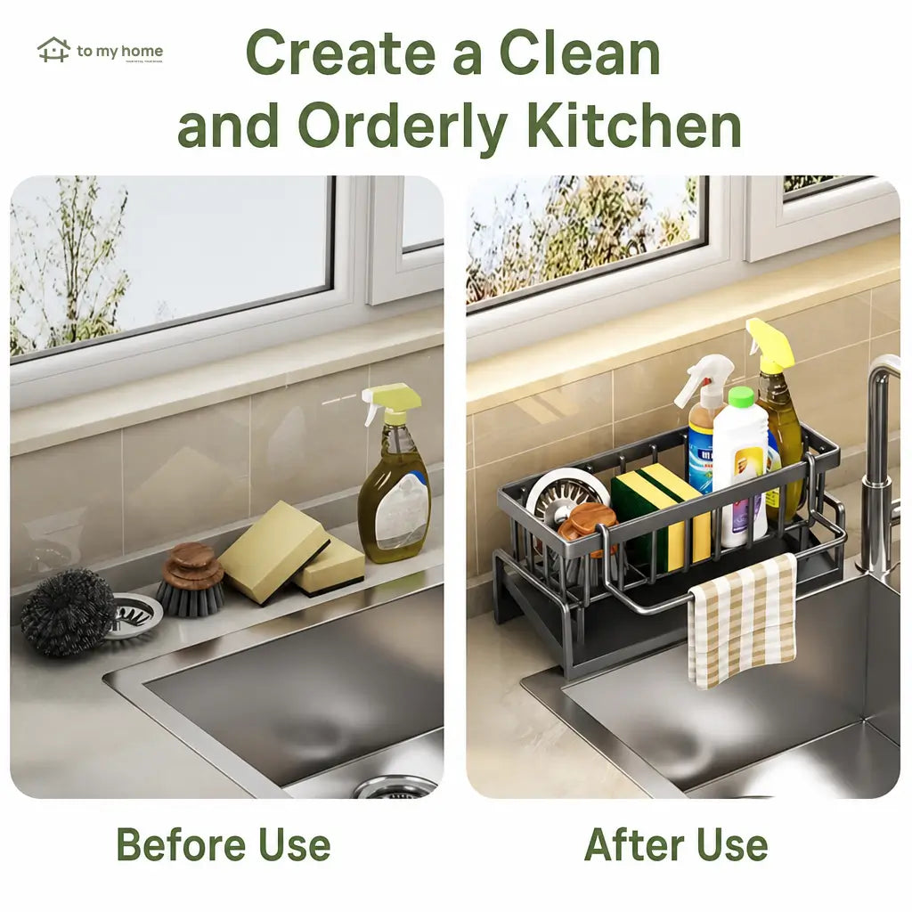 Corrosion-resistant metal sink organizer with high brush holder for sponges, scrubbers, bottles, and clutter-free kitchen counters beside your dishwashing area every day Tomyhome Global