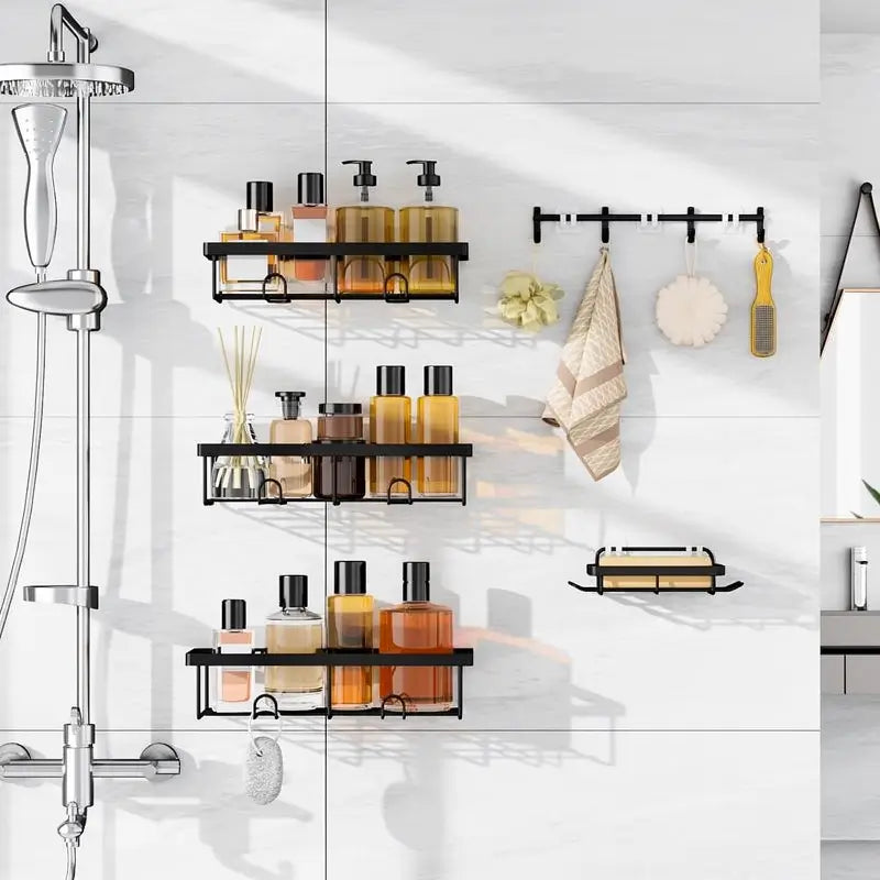 5-Pack Black Adhesive Shower Caddy Set Wall Mounted Bathroom Organizer No Drill Rustproof Stainless Steel Storage Racks With Removable Hooks For Shampoo And Soap