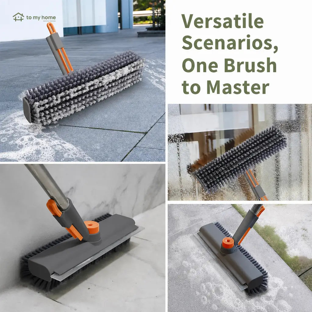 3-in-1 floor scrub brush with adjustable long handle, stiff bristles and squeegee for bathrooms, tile, patios and garages Tomyhome Global