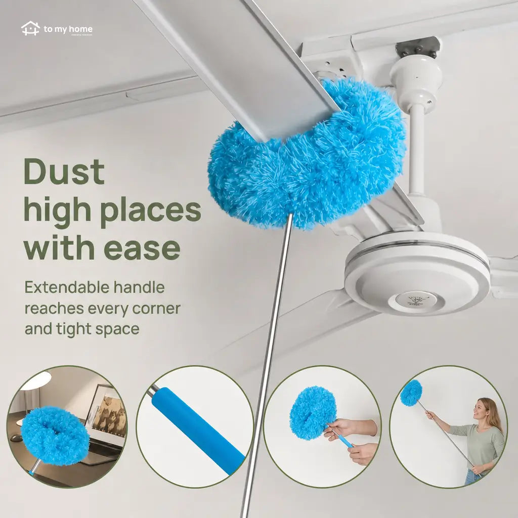 Lightweight extendable microfiber ceiling fan duster with slanted dust-locking head for walls, corners and everyday hard-to-reach home cleaning without ladders Tomyhome Global