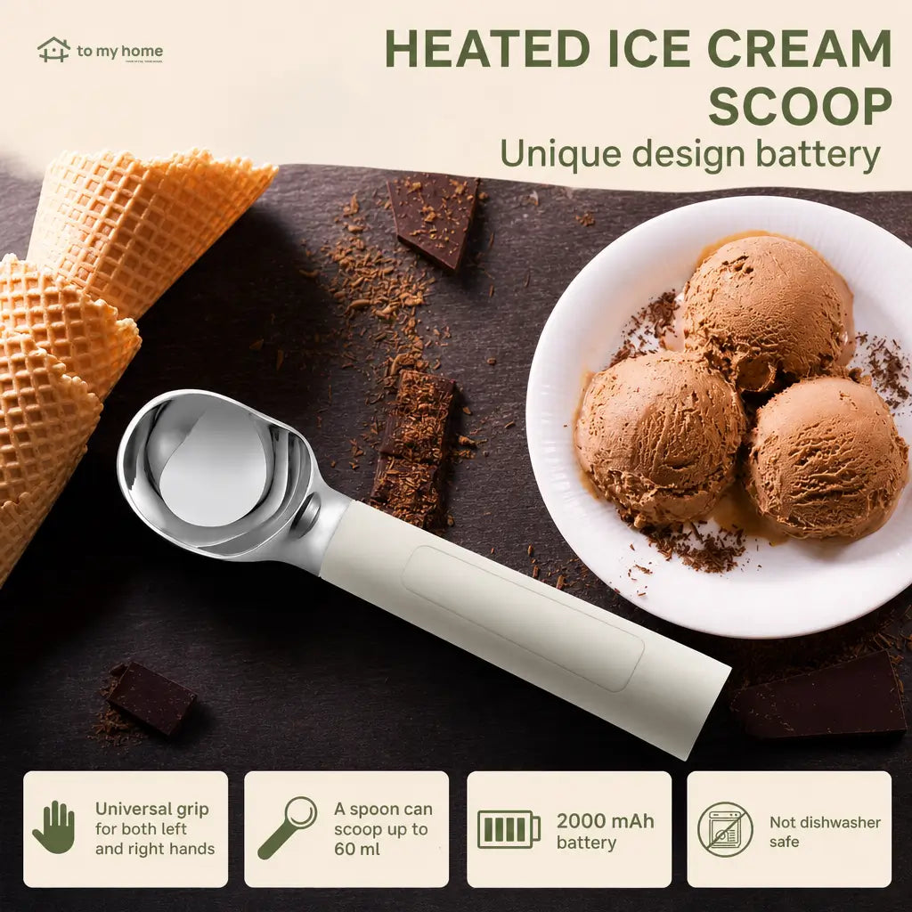 Rechargeable heated ice cream scoop with LED temperature display and 2 oz head for easy serving of hard frozen desserts at home anytime Tomyhome Global