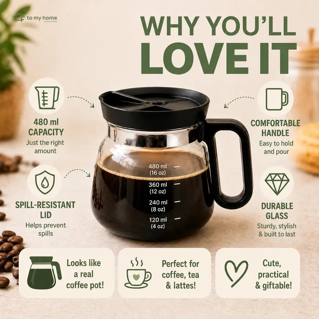 Compact glass coffee pot mug with sip lid, 473 ml (16 oz) novelty drinkware for coffee lovers, office desks and fun gifts Tomyhome Global