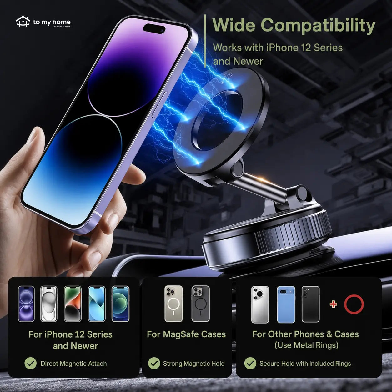Magnetic car phone holder with vacuum suction cup and 360° rotation for dashboards, mirrors, travel, and hands-free viewing with all smartphones Tomyhome Global
