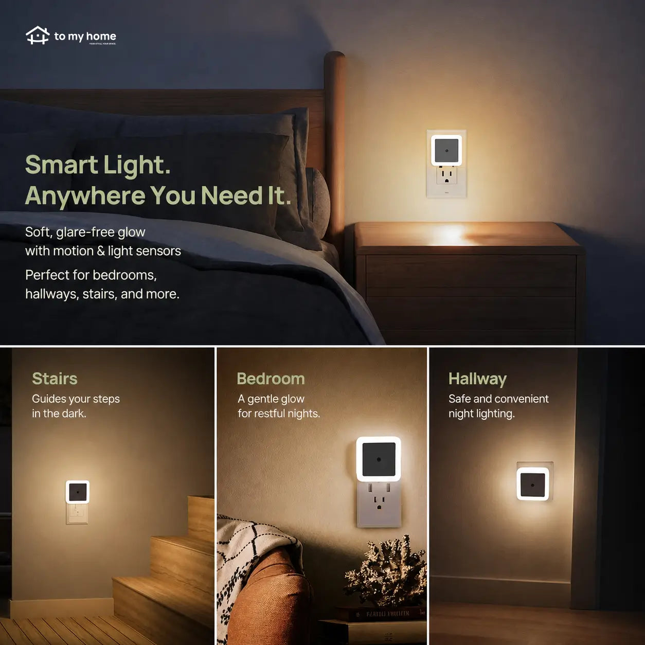 Plug-in LED night lights with dusk-to-dawn sensor, warm white 6-pack for bedrooms, hallways, bathrooms, kitchens and everyday home lighting Tomyhome Global