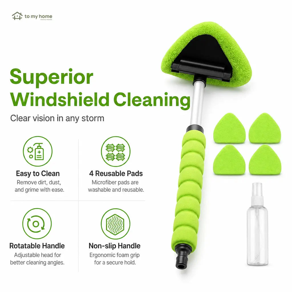 Extendable Windshield Cleaning Tool with 180° Swivel Head and 4 Reusable Microfiber Pads for Interior and Exterior Cars, Trucks, SUVs, and RVs Tomyhome Global