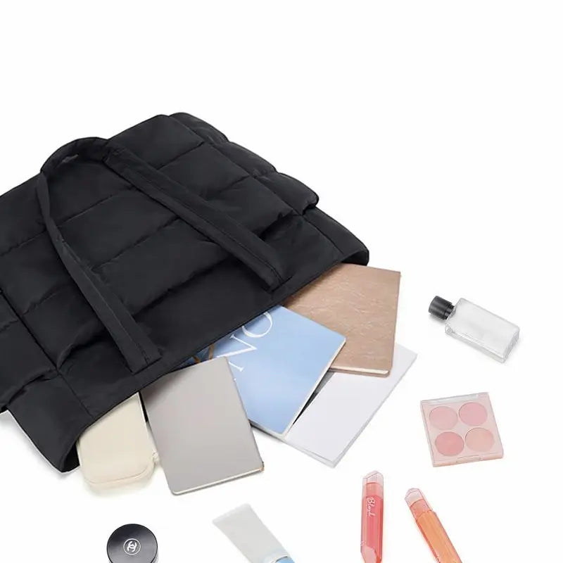Women's Quilted Puffy Bubble Tote Bag, Lightweight Laptop Shoulder Handbag for Travel and Work, Durable Nylon Multi-Compartment Zipper Utility Purse with Stylish Design