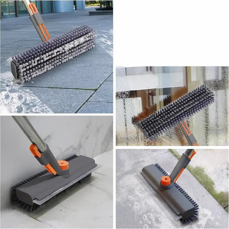 3-in-1 Floor Scrub Brush with Long Handle Heavy-Duty Stiff Bristles and Scraper for Cleaning Bathroom Shower Patio Garage Kitchen Wall and Tile Deck