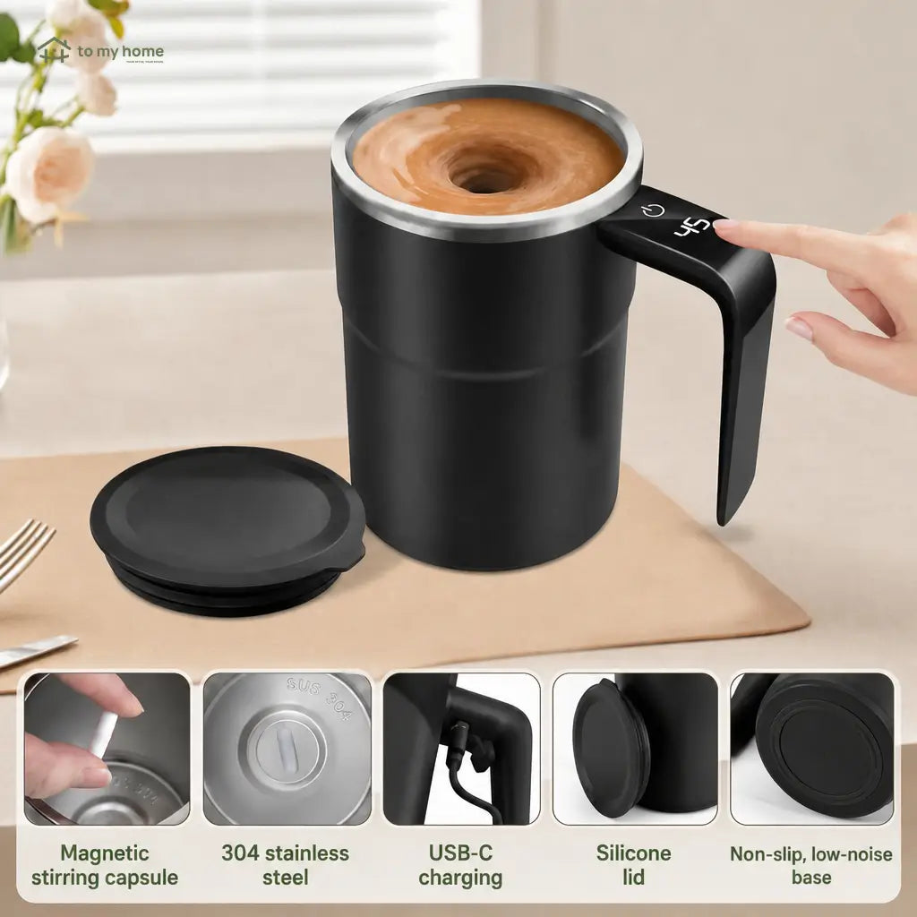 Rechargeable magnetic stirring mug with detachable mixer and LCD thermometer for smooth coffee, cocoa, protein shakes, and everyday office or travel drinks Tomyhome Global