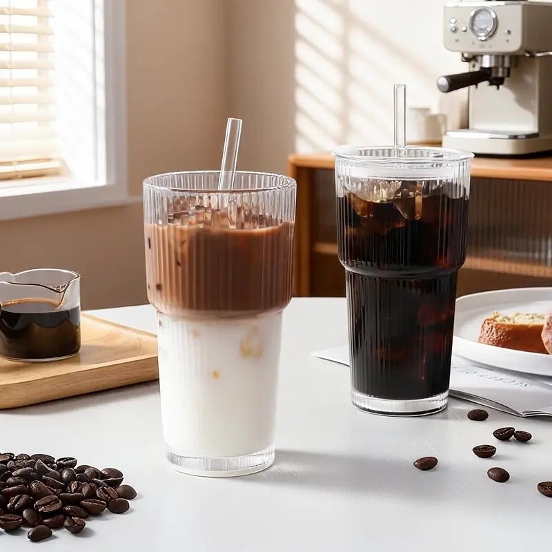 591ml Ribbed Glass Tumbler Set with Lids and Straws Reusable Leak-Proof for Iced Coffee Smoothies Juice Cocktails Stylish Durable Glass Drinkware