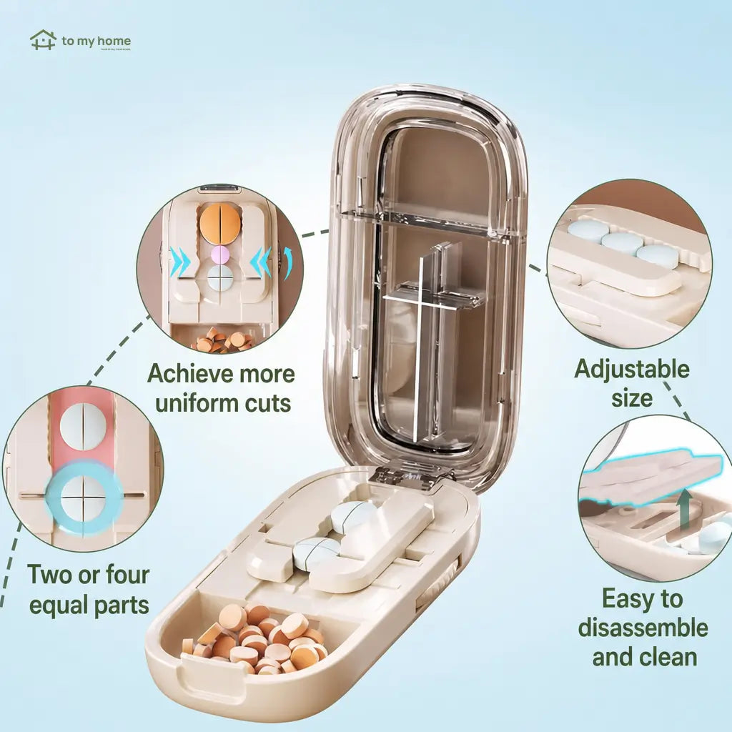 Compact adjustable pill cutter with safety guard and stainless steel blade for precise tablet splitting at home, caregiving, or everyday travel use Tomyhome Global