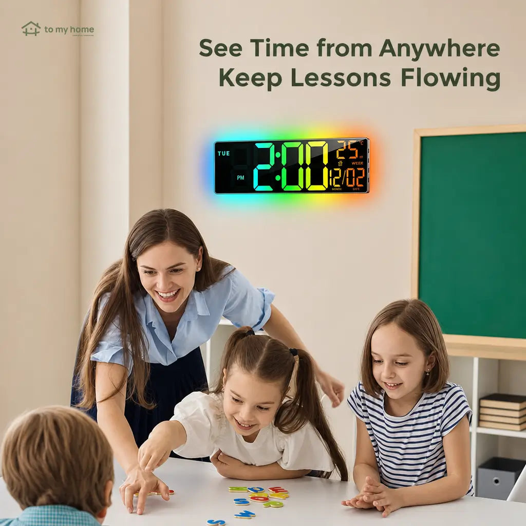 Large digital wall clock with RGB ambient light, dual alarms, and easy-read LED display for home offices, kitchens, classrooms, and gaming rooms Tomyhome Global