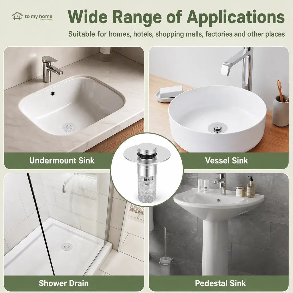 Universal pop-up sink stopper with removable stainless steel hair catcher basket for standard bathroom drains, 2-in-1 anti-clog strainer and plug Tomyhome Global