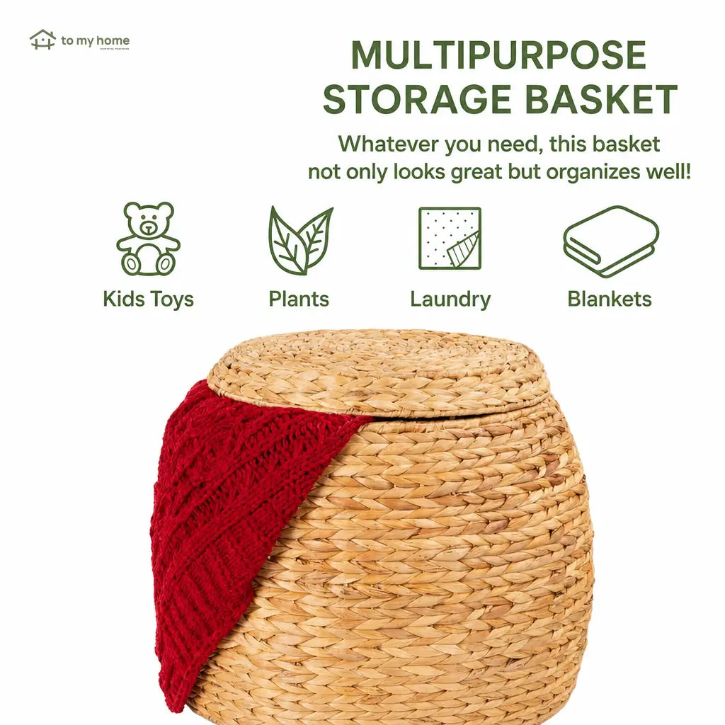 Handwoven water hyacinth storage basket with lid and metal frame for blankets, toys, laundry, and living room organization in any home Tomyhome Global
