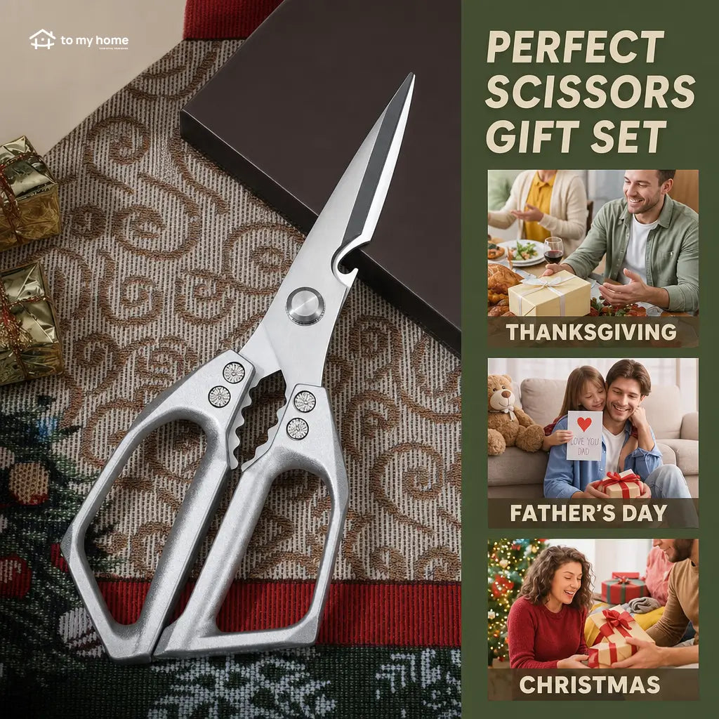 Heavy-duty stainless steel kitchen shears with detachable mirror-polished blades for poultry, fish bones, vegetables, and everyday meal prep at home kitchens Tomyhome Global