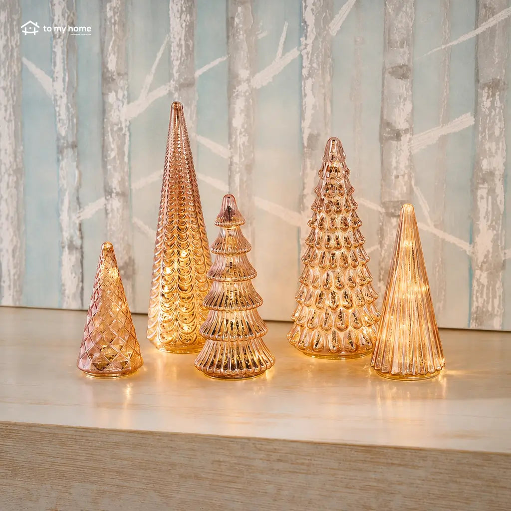 Set of 5 illuminated mercury glass Christmas trees with six-hour timer for mantel, side table, and festive holiday centerpiece decor displays Tomyhome Global