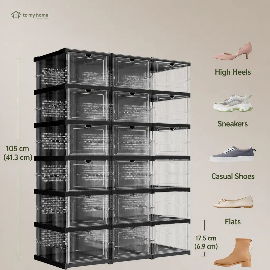 Collapsible shoe storage boxes with clear front doors, stackable foldable organizer for closets, shelves and entryways, fits US size 13 shoes Tomyhome Global