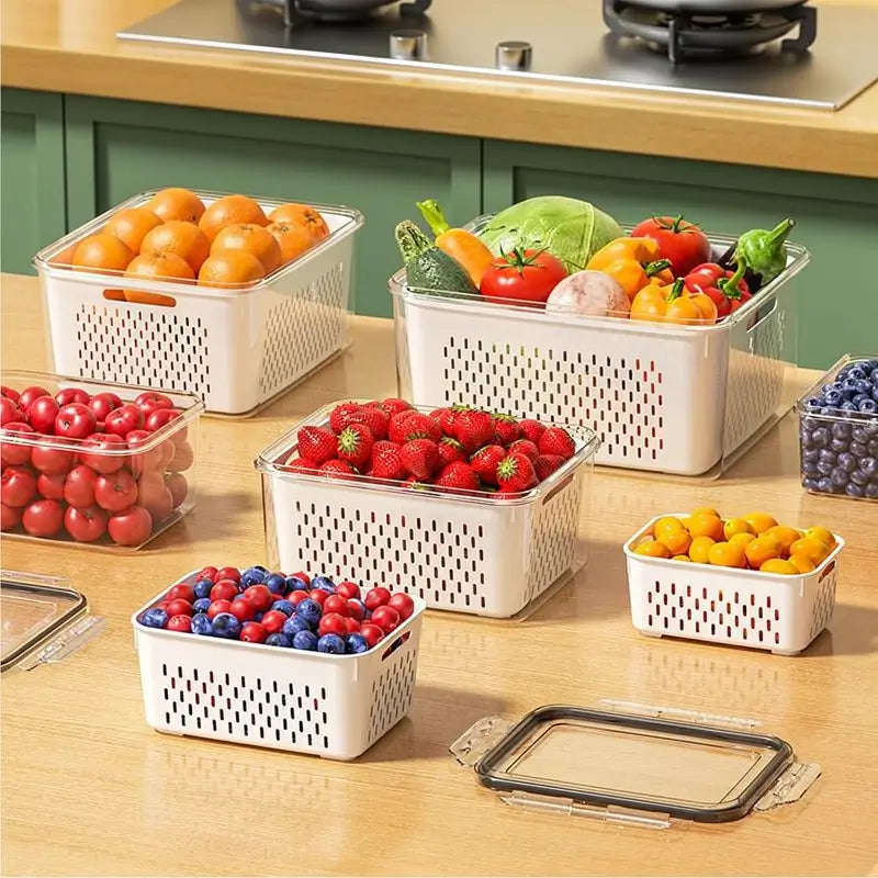 5-Pack Stackable Fridge Organizers BPA-Free Boxes with Removable Colander for Fruit Salad Vegetable Meat Fresh Kitchen Daily Home Use Tool Set