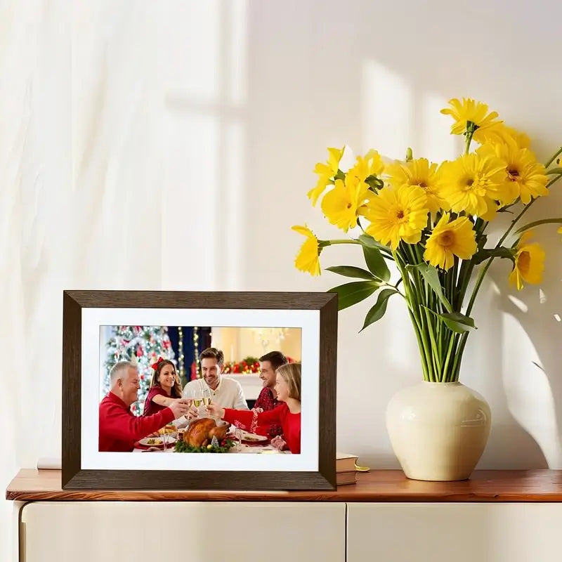 25.6 cm Digital Photo Frame Wood Finish 32GB Memory Home Office Decor Easy Setup Gift for Holiday Birthdays Anniversaries and Family Special Moments