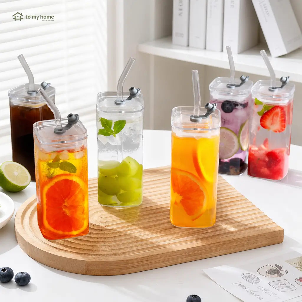 Square 13 oz glass tumbler set with lids and glass straws for iced coffee, cocktails, juice, and everyday drinks at home Tomyhome Global