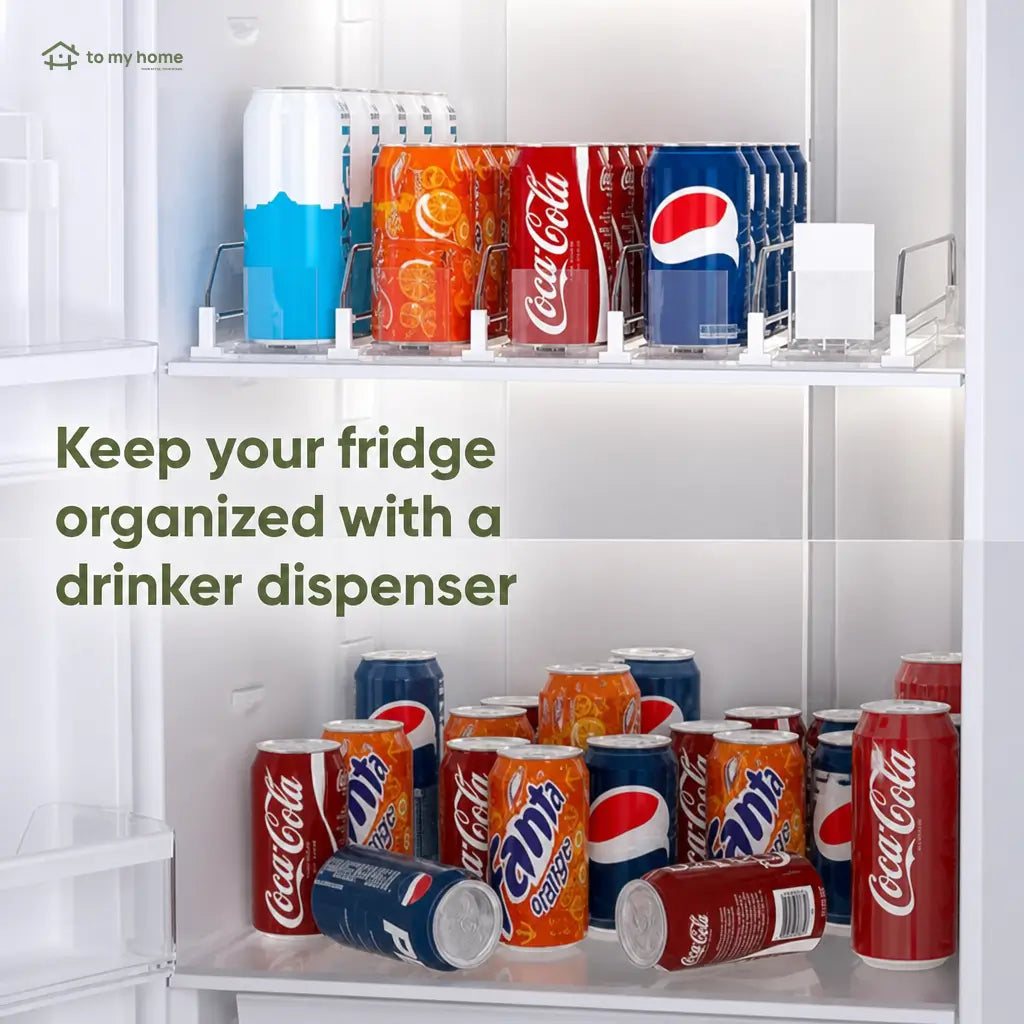 Refrigerator beverage organizer with spring-loaded can feed, durable recycled plastic storage for soda cans, coolers, shelves and pantry Tomyhome Global