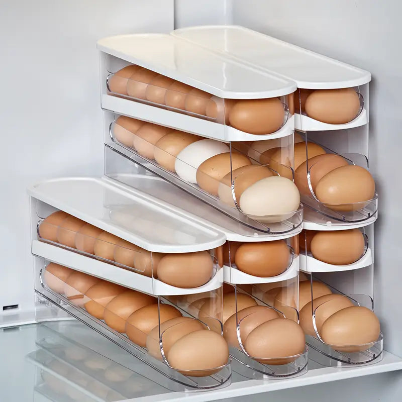 Rolling Egg Storage Box Clear Plastic Space-Saving Refrigerator Organizer Gravity Feed Automatic Dispenser Durable Container for Kitchen Countertop Fridge Pantry Storage