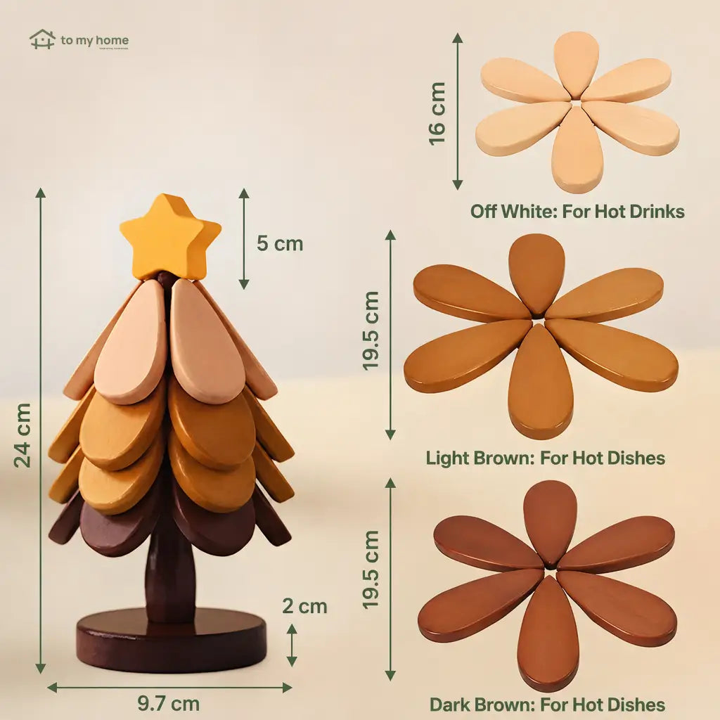 Foldable solid wood tree trivet set with heat-resistant coasters and display stand for hot pots, bowls, mugs, and family tables Tomyhome Global