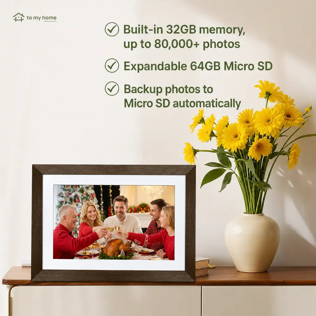 Digital photo frame with 25.7 cm (10.1 in) screen and wood design for home office memory displays and thoughtful everyday gifting Tomyhome Global
