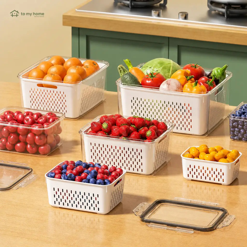 5-Pack Stackable Fridge Organizer Containers with Removable Colanders and Airtight Lids for Produce, Salad, Berries, Leftovers, and Meat Tomyhome Global