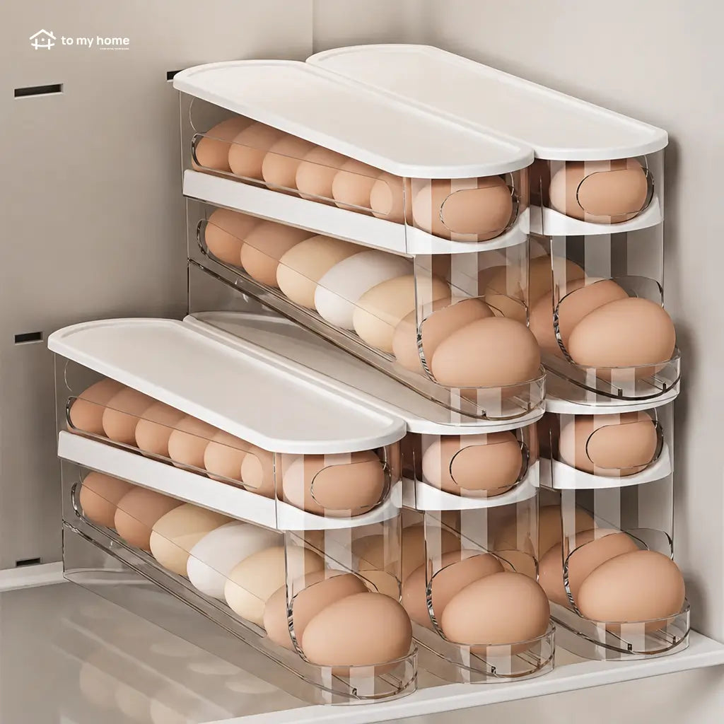 Clear rolling egg storage box with stackable plastic design for space-saving refrigerator and kitchen organization, keeping eggs visible and tidy Tomyhome Global